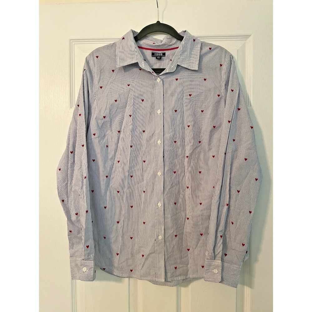 Izod Blue White Stripe Button-Up Shirt with Red Heart Print